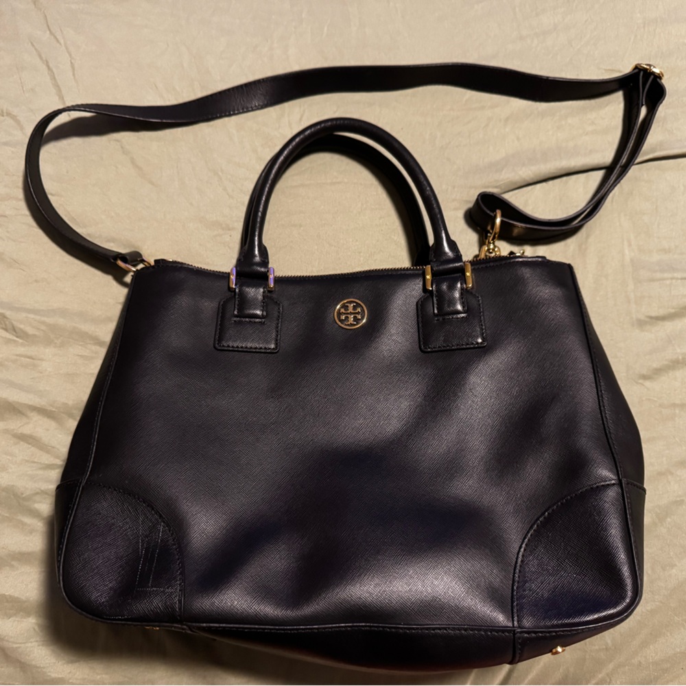 Tory Burch Black Saffiano Leather Double Zip Robinson Tote